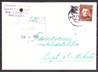 SLOVENSKÝ ŠTÁT 1943, poštový lístok. KNÍHKUPECTVO, PAPIERNICTVO IGNAC LASLOP - HANDLOVÁ.