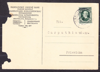 SLOVENSKÝ ŠTÁT 1939, poštový lístok. HANDLOVSKÉ UHOĽNÉ BANE - HANDLOVÁ.