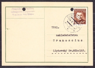 SLOVENSKÝ ŠTÁT 1943, poštový lístok. KNÍHKUPECTVO A PAPIERNICTVO FRANTIŠEK PAULINY - RAJEC.