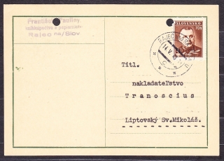 SLOVENSKÝ ŠTÁT 1943, poštový lístok. KNÍHKUPECTVO A PAPIERNICTVO FRANTIŠEK PAULINY - RAJEC.