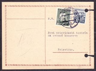 SLOVENSKÝ ŠTÁT 1942, poštový lístok. OBCHODNÍK JAN HLUCHÝ - RUŽOMBEROK.