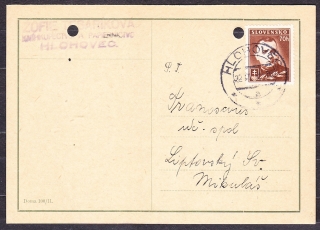SLOVENSKÝ ŠTÁT 1942, poštový lístok. KNÍHKUPECTVO A PAPIERNICTVO ŽOFIE TESARÍKOVÁ - HLOHOVEC.