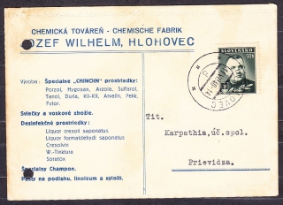 SLOVENSKÝ ŠTÁT 1940, poštový lístok. CHEMICKÁ TOVÁREŇ, VÝROBA SVIEČOK A VOSKOVÝCH ČLÁNKOV JOZEF WILHELM - HLOHOVEC.