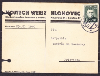 SLOVENSKÝ ŠTÁT 1940, poštový lístok. OBCHOD S MIEŠANÝM TOVAROM A MÚKOU - HLOHOVEC.