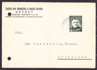 SLOVENSKÝ ŠTÁT 1940, poštový lístok. SPOLOK PRE CHEMICKÚ A HUTNÚ VÝROBU - NOVÁKY.