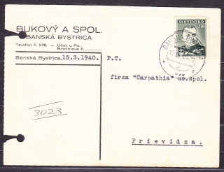 SLOVENSKÝ ŠTÁT 1940, poštový lístok. VEĽKOOBCHOD BUKOVÝ A SPOL. - BANSKÁ BYSTRICA.