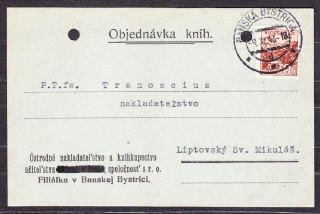 SLOVENSKÝ ŠTÁT 1943, poštový lístok. UČITEĽSKÉ NAKLADATEĽSTVO A KNÍHKUPECTVO - BANSKÁ BYSTRICA.