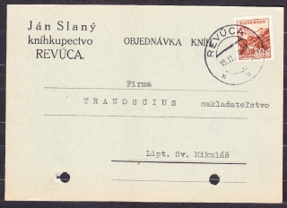 SLOVENSKÝ ŠTÁT 1944, poštový lístok. KNÍHKUPECTVO JÁN SLANÝ - REVÚCA.