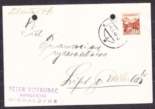SLOVENSKÝ ŠTÁT 1944, poštový lístok. KNÍHKUPECTVO PETER VOTRUBEC - MICHALOVCE.