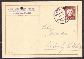 SLOVENSKÝ ŠTÁT 1943, poštový lístok. KNÍHKUPECTVO, PAPIERNICTVO, ŠTEFAN TERTINSKÝ - MICHALOVCE.