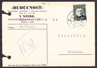 SLOVENSKÝ ŠTÁT 1940, poštový lístok. BUDÚCNOSŤ - ROBOTNÍCKE SPOTREBNÉ A ÚSPORNÉ DRUŽSTVO - NITRA.