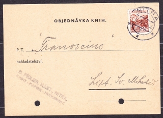 SLOVENSKÝ ŠTÁT 1942, poštový lístok. KNIHY, PAPIER, HUDOBNINY, B. FÍDLER - NITRA.