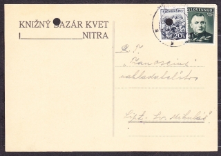 SLOVENSKÝ ŠTÁT 1942, poštový lístok. KNIŽNÝ BAZÁR KVET - NITRA.