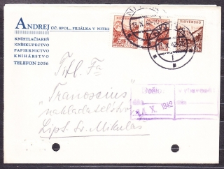 SLOVENSKÝ ŠTÁT 1942, poštový lístok. KNÍHTLAČIAREŇ ANDREJ - NITRA.