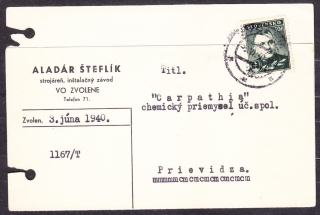 SLOVENSKÝ ŠTÁT 1940, poštový lístok. STROJÁREŇ, INŠTALAČNÝ ZÁVOD, ALADÁR ŠTEFLÍK - ZVOLEN.