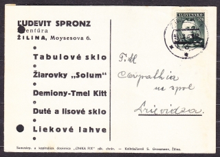 SLOVENSKÝ ŠTÁT 1940, poštový lístok. VÝROBA SKLA A FĽAŠIEK, ĽUDEVIT SPRONZ - ŽILINA.