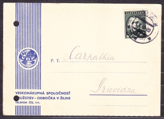 SLOVENSKÝ ŠTÁT 1940, poštový lístok. VEĽKONÁKUPNÁ SPOLOČNOSŤ DRUŽSTIEV - ŽILINA.