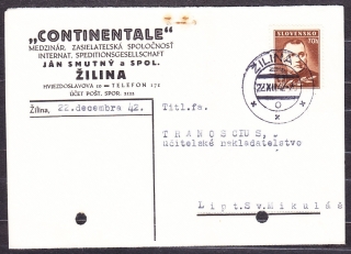 SLOVENSKÝ ŠTÁT 1942, poštový lístok. CONTINENTALE, MEDZINÁRODNÁ ZASIELATEĽSKÁ SPOLOČNOSŤ, JÁN SMUTNÝ A SPOL. - ŽILINA.