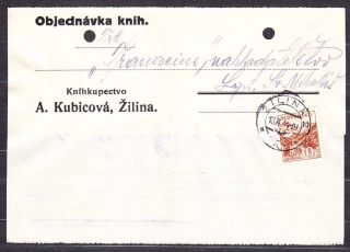 SLOVENSKÝ ŠTÁT 1944, poštový lístok. KNÍHKUPECTVO, A. KUBICOVÁ - ŽILINA. ARIZÁTORKA !