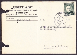 SLOVENSKÝ ŠTÁT 1940, poštový lístok. TOVÁREŇ NA RUM A LIKÉRY, UNITAS ÚČ. SPOL. - PREŠOV.
