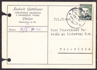 SLOVENSKÝ ŠTÁT 1940, poštový lístok. VEĽKOOBCHOD S TOKAJSKÝMI A TUZEMSKÝMI VÍNAMI, LUDEVÍT GOTTDIENER - PREŠOV.