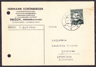 SLOVENSKÝ ŠTÁT 1940, poštový lístok. EXPORT DREVA, BYLINIEK A ČUČORIEDOK, HERMANN SCHONBERGER - PREŠOV.