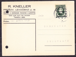 SLOVENSKÝ ŠTÁT 1939, poštový lístok. OBCHOD S MIEŠANÝM TOVAROM A PEKÁRŇA, R. KNELLER - PREŠOV.