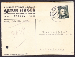 SLOVENSKÝ ŠTÁT 1940, poštový lístok. VEĽKOOBCHOD S KOLONIÁLNYM TOVAROM, ARTUR SINGER - PREŠOV.