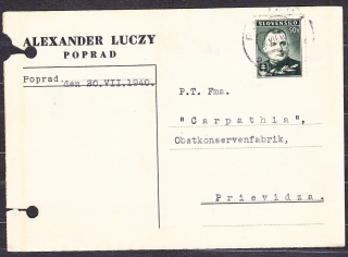 SLOVENSKÝ ŠTÁT 1940, poštový lístok. KOLONIÁLNY A LAHODKOVÝ TOVAR, ALEXANDER LUCZY - POPRAD.