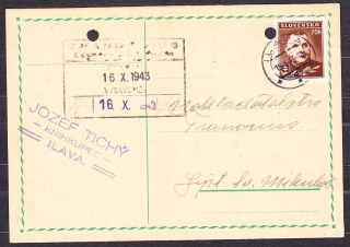 SLOVENSKÝ ŠTÁT 1943, poštový lístok. KNIHKUPEC, JOZEF TICHÝ - ILAVA.