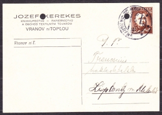 SLOVENSKÝ ŠTÁT 1942, poštový lístok. KNÍHKUPECTVO, PAPIERNICTVO, OBCHOD S TEXTILNÝM TOVAROM, JOZEF KEREKES - VRANOV NAD TOPĽOU.