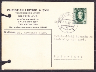 SLOVENSKÝ ŠTÁT 1939, poštový lístok. VEĽKOOBCHOD S VÍNOM, CHRISTIAN LUDWIG A SYN - BRATISLAVA.