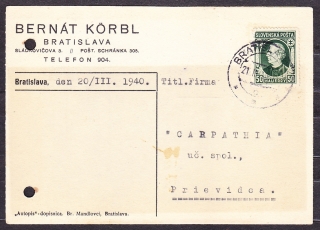 SLOVENSKÝ ŠTÁT 1940, poštový lístok. OBCHOD S MIEŠANÝM TOVAROM, BERNÁT KORBL - BRATISLAVA.