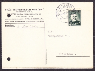 SLOVENSKÝ ŠTÁT 1940, poštový lístok. ZVAZ SLOVENSKÝCH OCTÁRNÍ, DRUŽSTVO S.R.O. - BRATISLAVA.