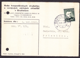 SLOVENSKÝ ŠTÁT 1940, poštový lístok. ZVAZ HOSPODÁRSKYCH DRUŽSTIEV A VEREJNÝCH OBILNÝCH SKLADÍŠŤ - BRATISLAVA.