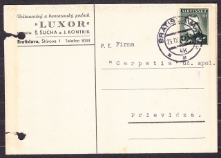 SLOVENSKÝ ŠTÁT 1940, poštový lístok. REŠTAURAČNÝ A KAVIARENSKÝ PODNIK LUXOR - BRATISLAVA.