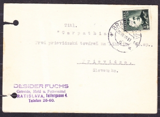 SLOVENSKÝ ŠTÁT 1940, poštový lístok. OBILIE, MÚKA, KRMIVO, DESIDER FUCHS - BRATISLAVA.