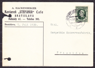 SLOVENSKÝ ŠTÁT 1939, poštový lístok. KAVIAREŇ STEFANIA, A. HACKENBERGER - BRATISLAVA.