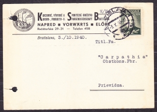 SLOVENSKÝ ŠTÁT 1940, poštový lístok. KSB - KONZUMNÉ, VÝROBNÉ A SPOTREBNÉ DRUŽSTVO - BRATISLAVA.