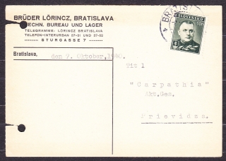SLOVENSKÝ ŠTÁT 1940, poštový lístok. SKLAD S TECHNICKÝMI POTREBAMI, BRATIA LORINCZ - BRATISLAVA.