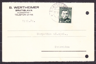 SLOVENSKÝ ŠTÁT 1940, poštový lístok. OBCHOD S MIEŠANÝM TOVAROM, B. WERTHEIMER - BRATISLAVA.