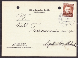 SLOVENSKÝ ŠTÁT 1942, poštový lístok. KNÍHKUPECTVO A PAPIERNICTVO FIDES - BRATISLAVA.