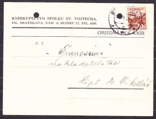 SLOVENSKÝ ŠTÁT 1943, poštový lístok. KNÍHKUPECTVO SPOLKU SV. VOJTECHA - FILIÁLKA BRATISLAVA.