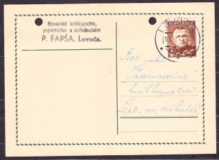SLOVENSKÝ ŠTÁT 1942, poštový lístok. KNÍHKUPECTVO, PAPIERNICTVO A KNÍHVIAZAČSTVO, P. LAPŠA - LEVOČA.