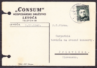 SLOVENSKÝ ŠTÁT 1940, poštový lístok.HOSPODÁRSKE DRUŽSTVO CONSUM - LEVOČA.