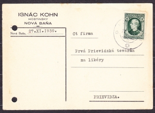 SLOVENSKÝ ŠTÁT 1939, poštový lístok. HOSTINSKÝ, IGNÁC KOHN - NOVÁ BAŇA.
