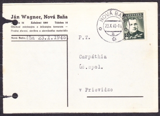 SLOVENSKÝ ŠTÁT 1940, poštový lístok. OBCHOD S MIEŠANÝM A ŽELEZNÝM TOVAROM, PREDAJ ZBRANÍ, STRELIVA A STAVEBNÉHO MATERIÁLU, JÁN WAGNER - NOVÁ BAŇA.