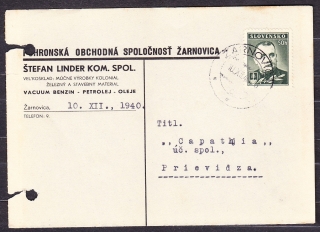 SLOVENSKÝ ŠTÁT 1940, poštový lístok. POHRONSKÁ OBCHODNÁ SPOLOČNOSŤ, ŠTEFAN LINDER KOM. SPOL. - ŽARNOVICA.