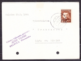 SLOVENSKÝ ŠTÁT 1944, poštový lístok. KNÍHKUPECTVO, PAPIERNICTVO, JOSEF VOJTEK - GELNICA.