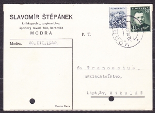 SLOVENSKÝ ŠTÁT 1942, poštový lístok. KNÍHKUPECTVO, PAPIERNICTVO, FOTO, KERAMIKA, SLAVOMÍR ŠTĚPÁNEK - MODRA.